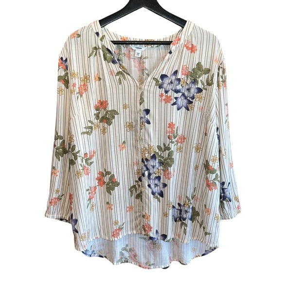 Sonoma Floral Blouse Womens‎ XXL Cream Purple Green Button Front Striped Top NWT - Picture 1 of 12